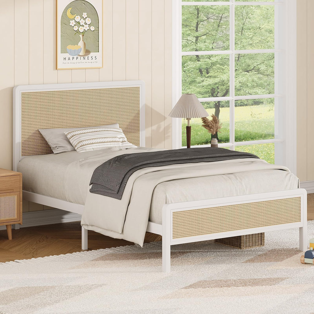 White Rattan Twin Bed Frame with Headboard H979827