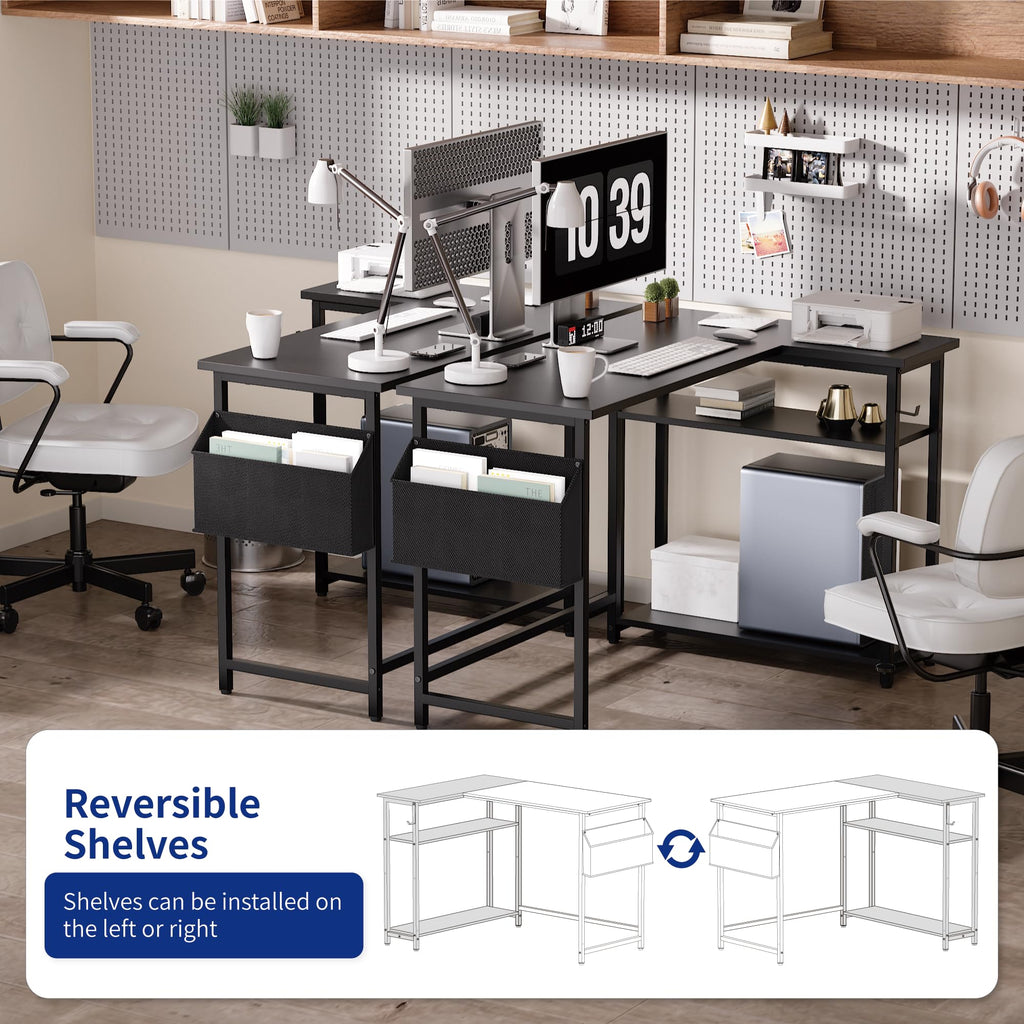 40 Inch L Shaped Computer Desk with Reversible Storage Shelves White M1780