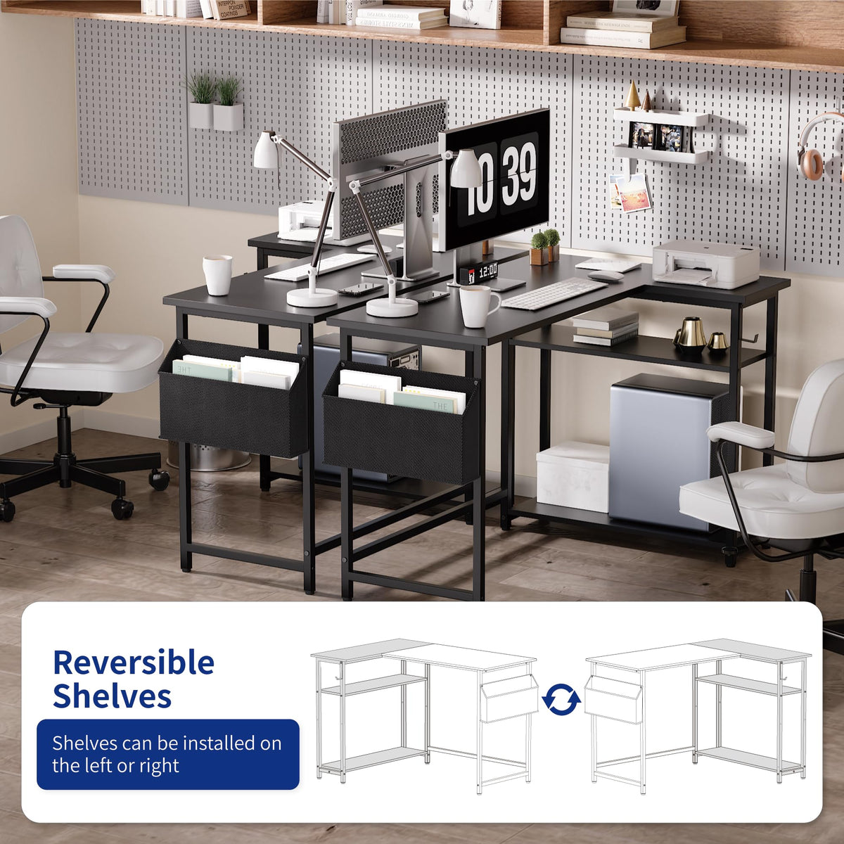 40 Inch L Shaped Computer Desk with Reversible Storage Shelves White M1780