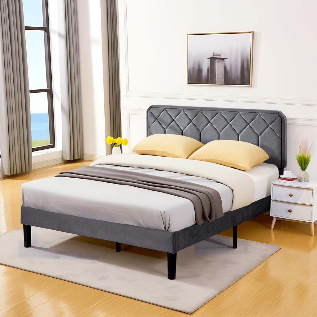 Queen Size Velvet Upholstered Platform Bed Frame A214044