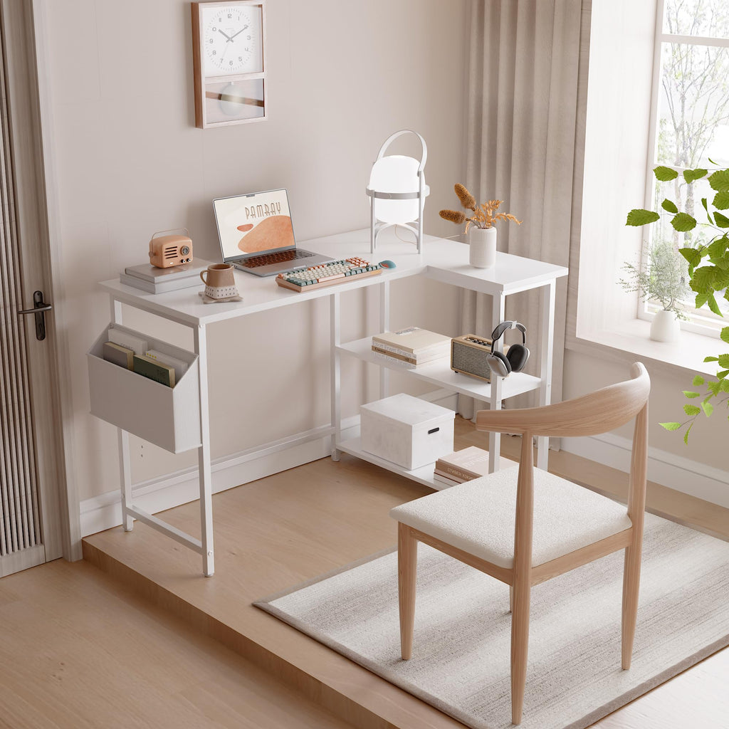 40 Inch L Shaped Computer Desk with Reversible Storage Shelves White M1780