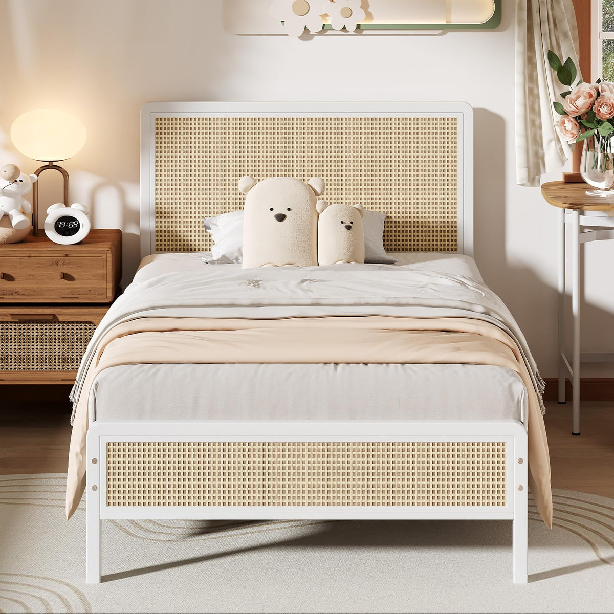 White Rattan Twin Bed Frame with Headboard H979827