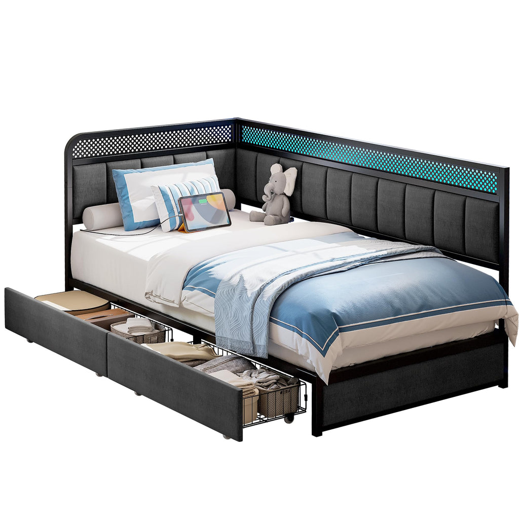 Twin Corner Bed Frame with Upholstered Guardrail K794345