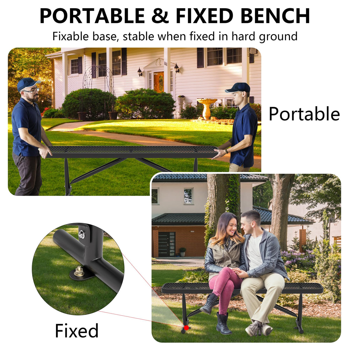 6 Feet Heavy Duty Metal Park Bench with Portable Frame, Black T3914