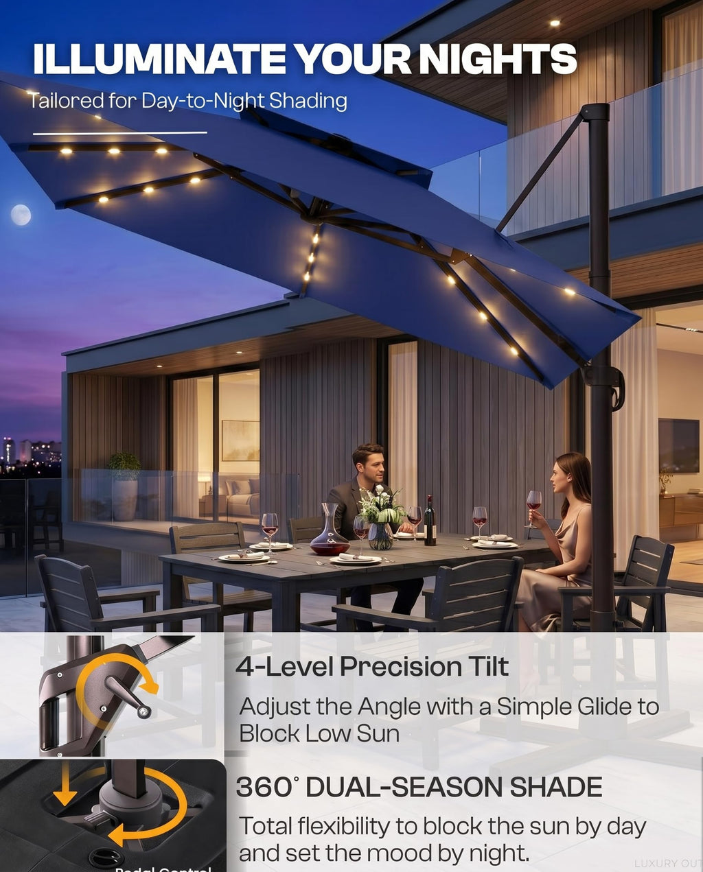 11x11 FT Double-Top Cantilever Patio Umbrella with Lights Q34729