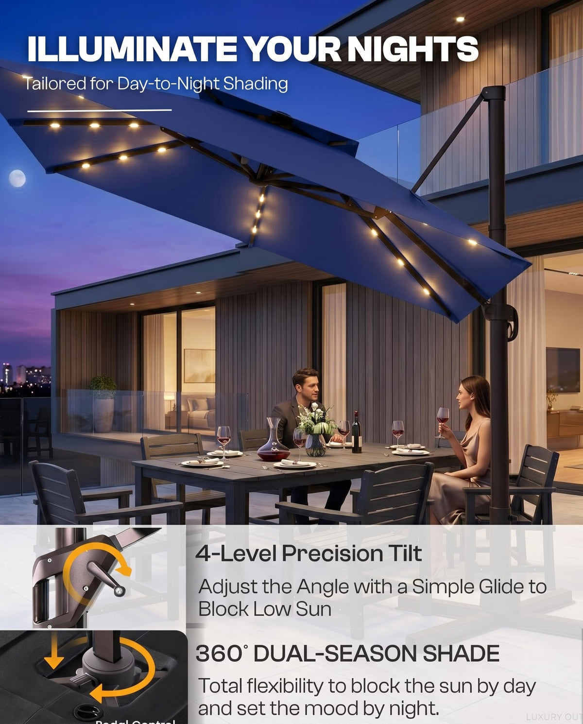 11x11 FT Double-Top Cantilever Patio Umbrella with Lights Q34729