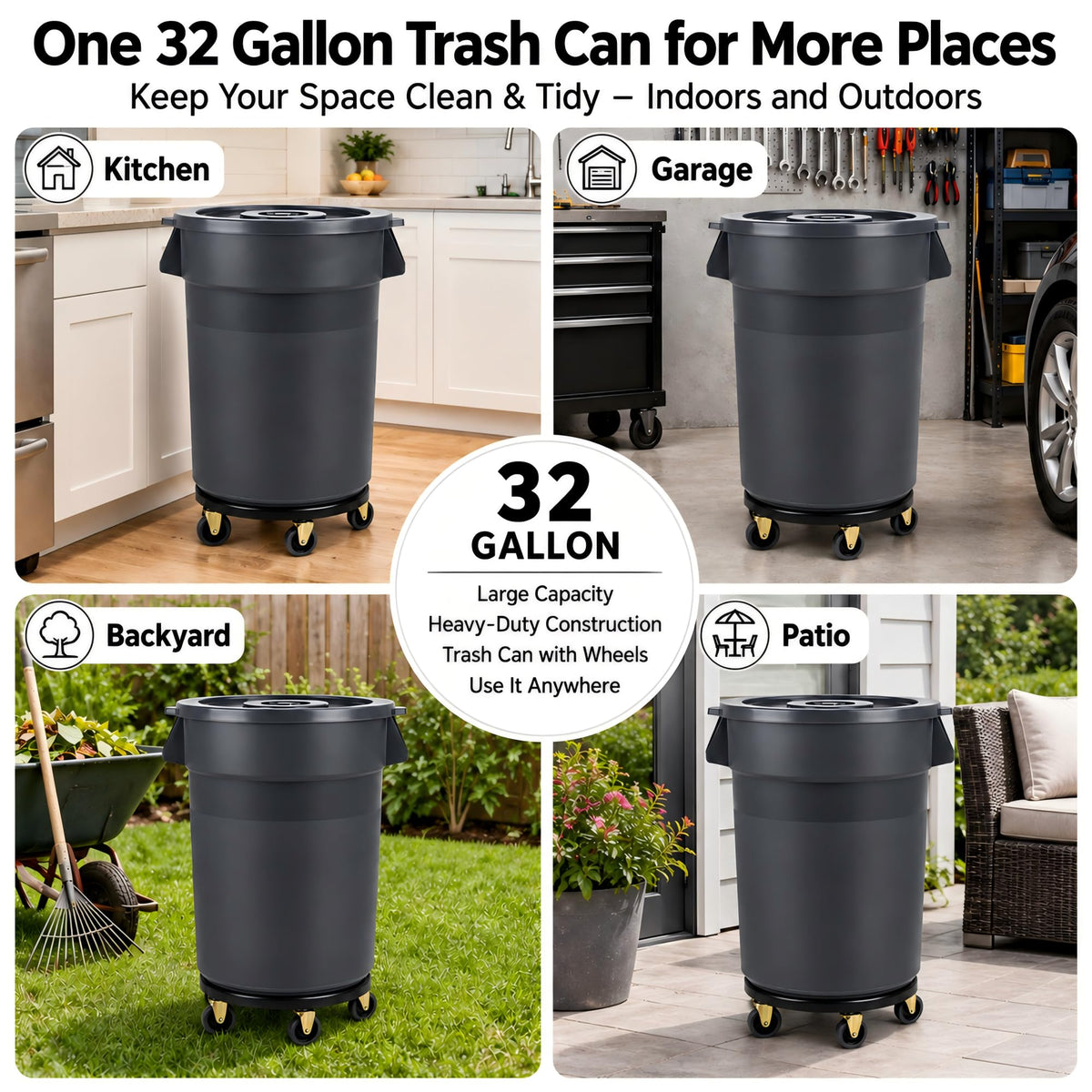 32 Gallon Trash Can with Wheels and Lid, 2 Pack M84669