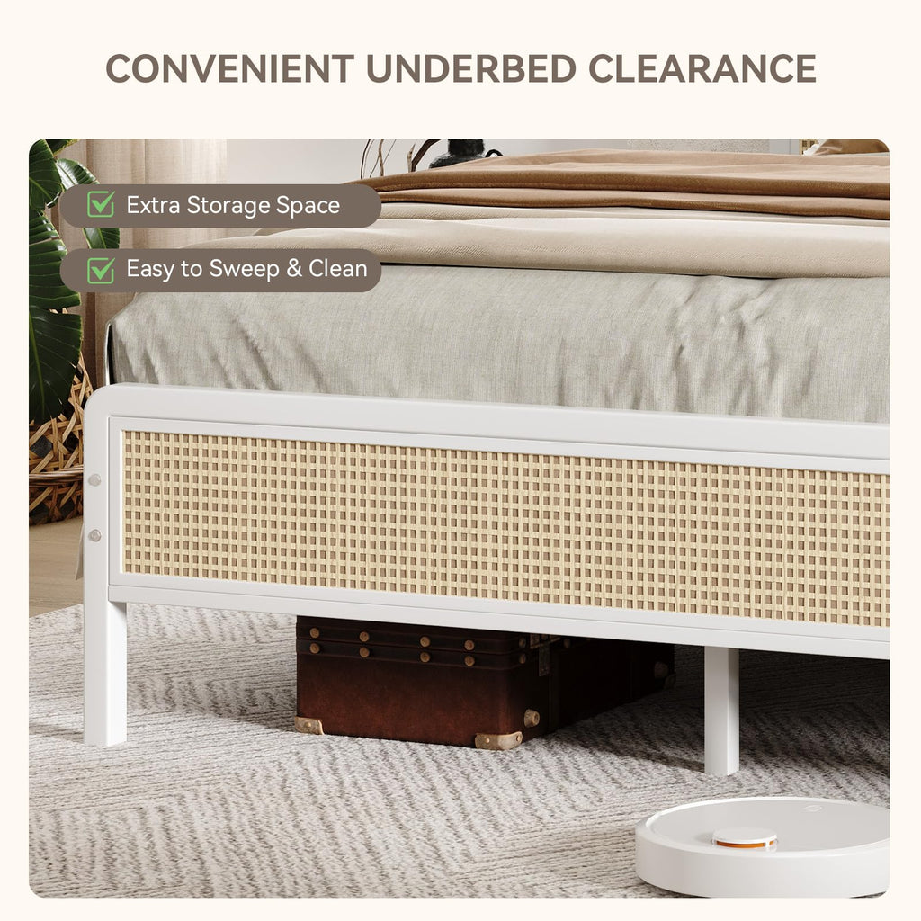 White Rattan Twin Bed Frame with Headboard H979827