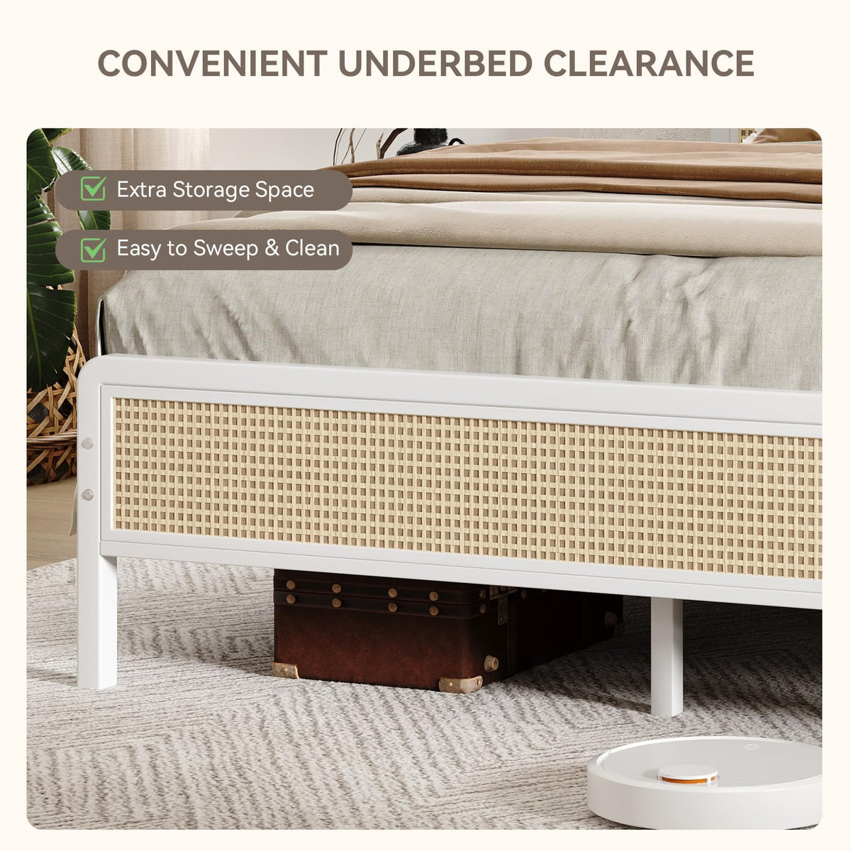 White Rattan Twin Bed Frame with Headboard H979827