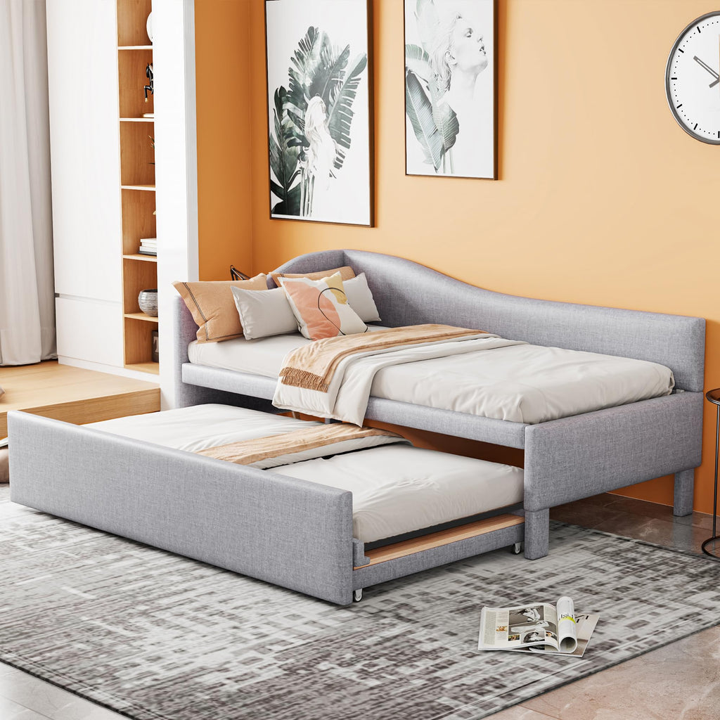 Twin Size Linen Extendable Upholstered Daybed with Pop Up Trundle O61182