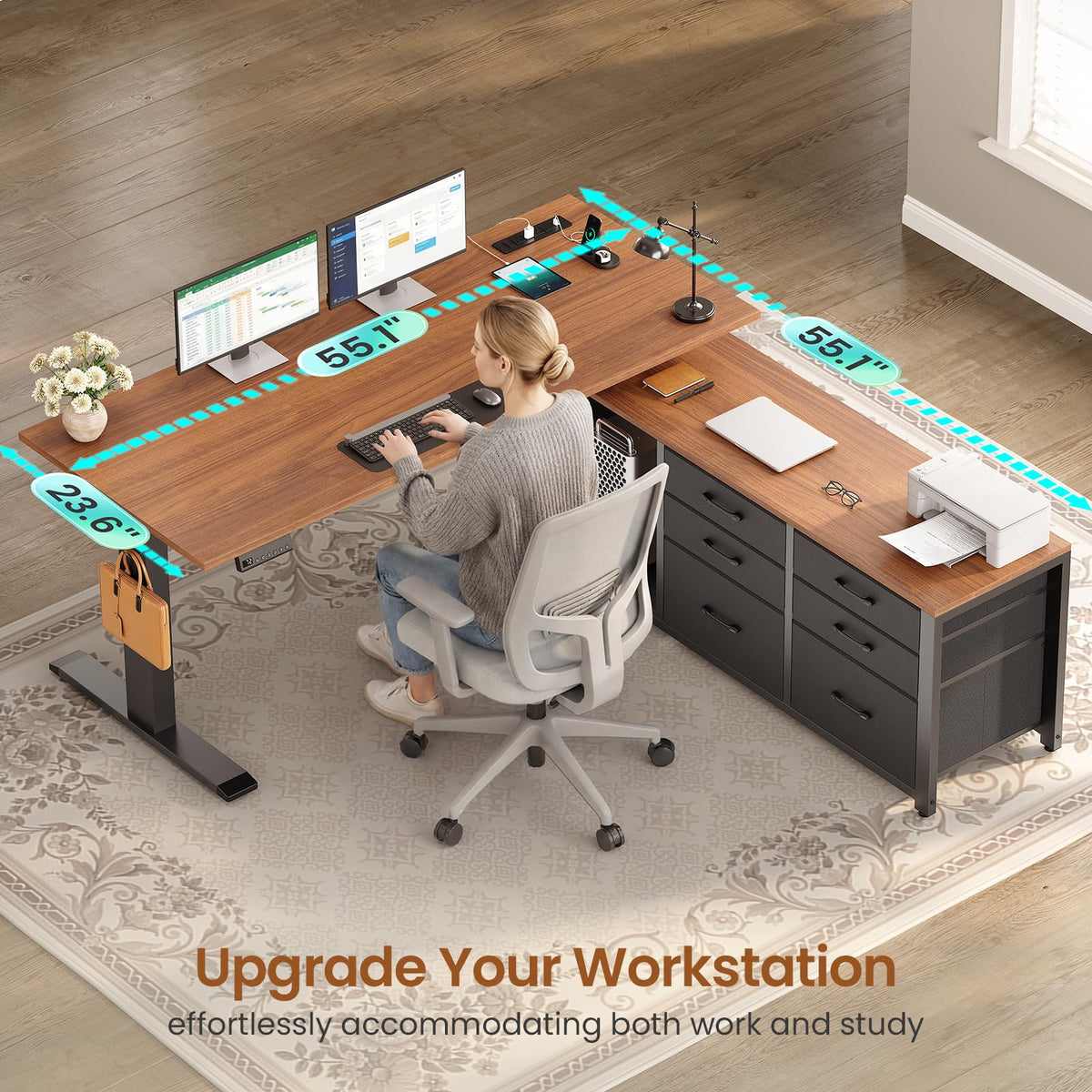 L Shaped Electric Standing Desk, 55" x 55" Height Adjustable Corner Office Desk with 6 Fabric Drawers and Storage Shelves, Stand up Home Office Desk with Power Outlet, Black and Brown H9615