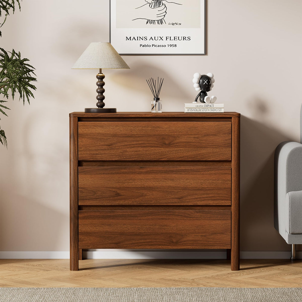 31.5" Wide 3 Drawer Wood Dresser with Legs, Walnut F27519