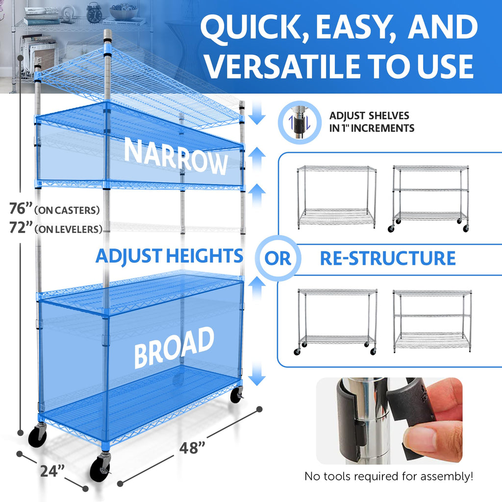 Heavy Duty 5-Tier Chrome Wire Shelving Rack with Casters W6178