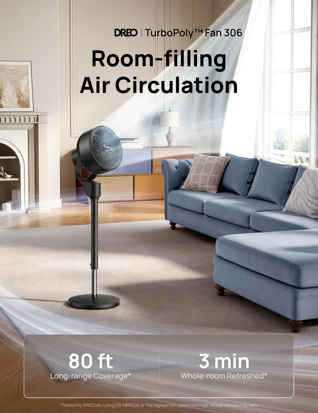 80° Oscillating Standing Fan, 20dB Quiet, 3 Speeds, Remote, Adjustable Height A64045