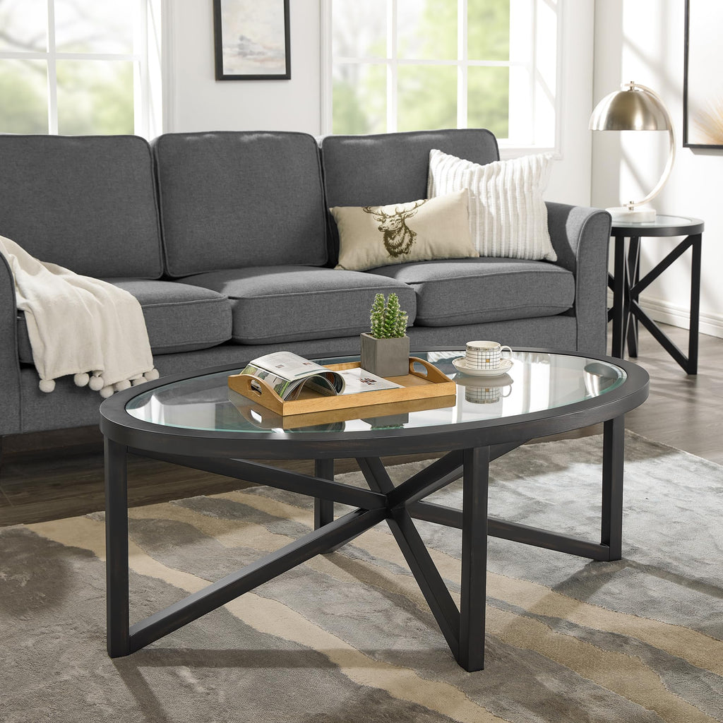 46" Oval Glass Coffee Table with Tempered Glass Top and Wood Base J796
