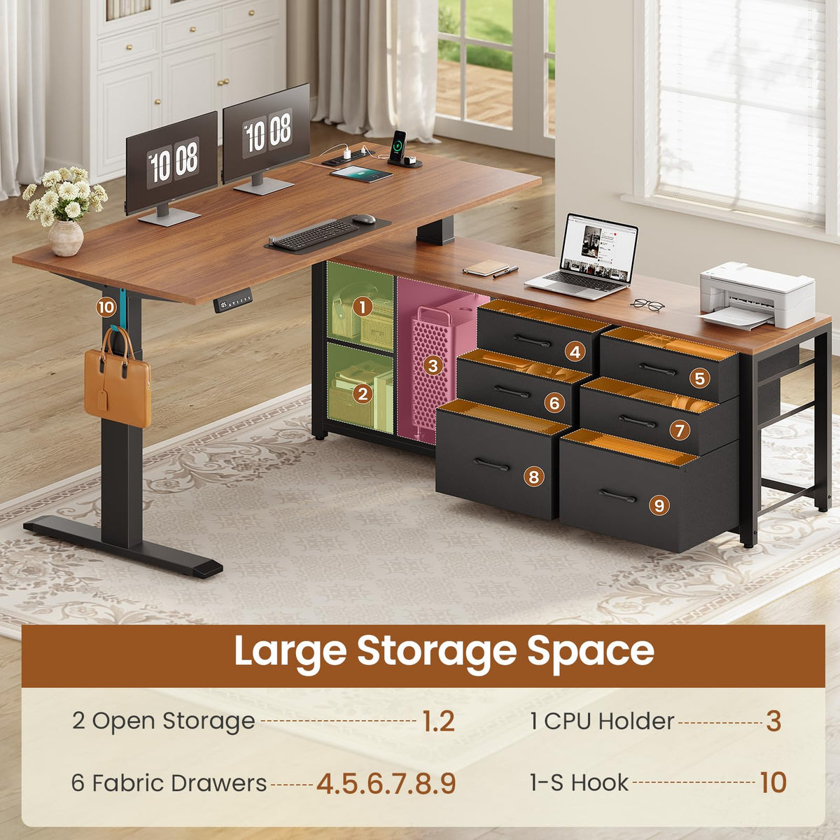 L Shaped Electric Standing Desk, 55" x 55" Height Adjustable Corner Office Desk with 6 Fabric Drawers and Storage Shelves, Stand up Home Office Desk with Power Outlet, Black and Brown H9615