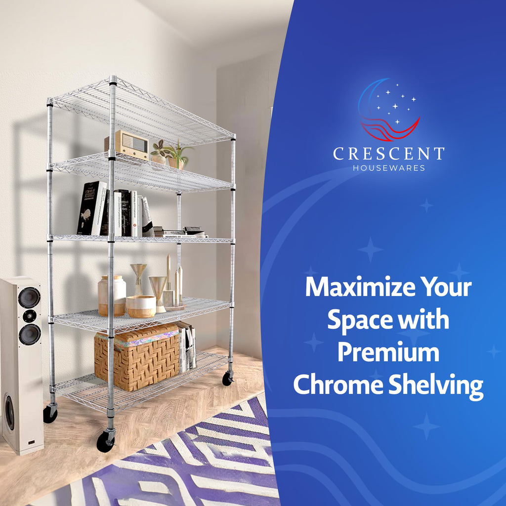Heavy Duty 5-Tier Chrome Wire Shelving Rack with Casters W6178