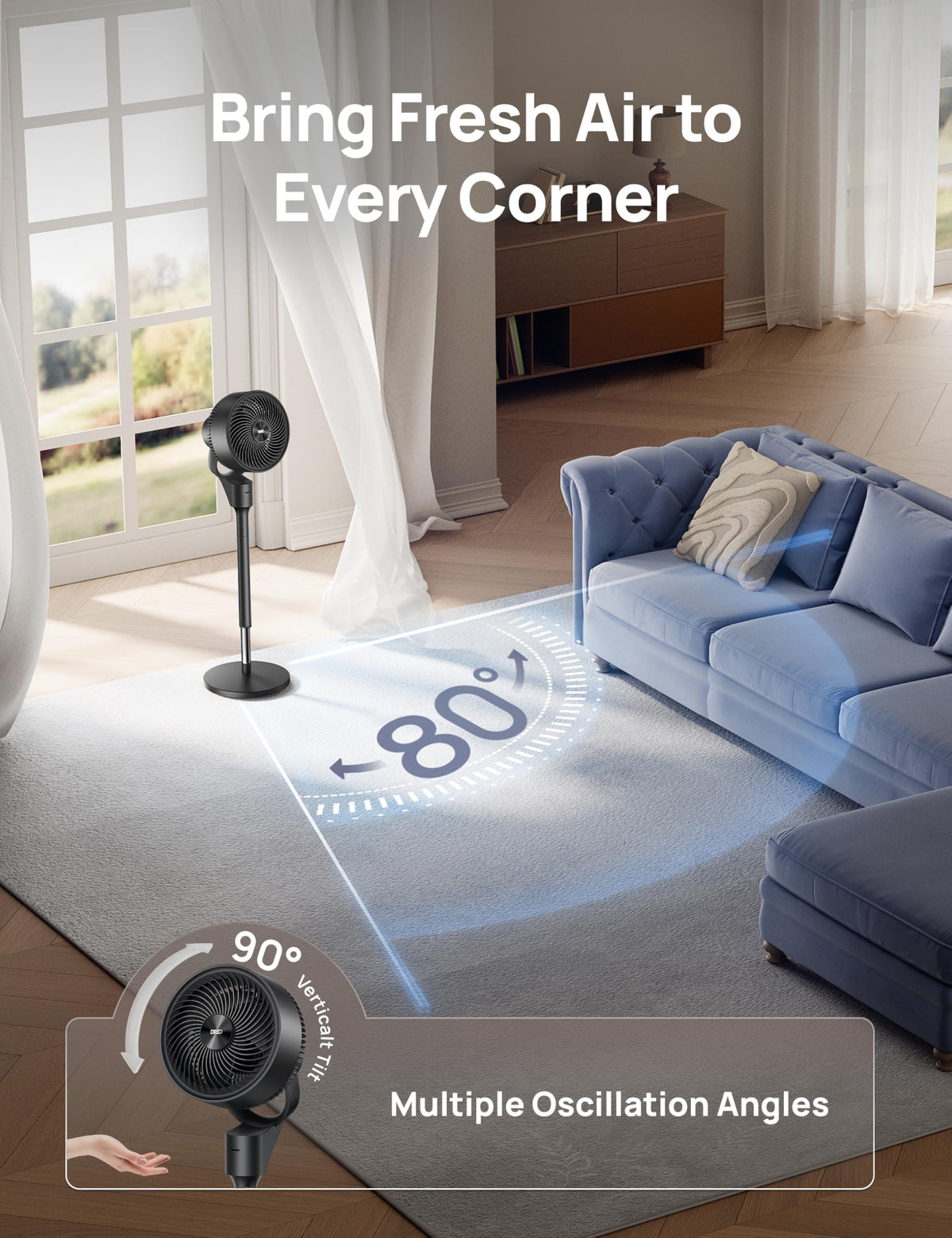 80° Oscillating Standing Fan, 20dB Quiet, 3 Speeds, Remote, Adjustable Height A64045