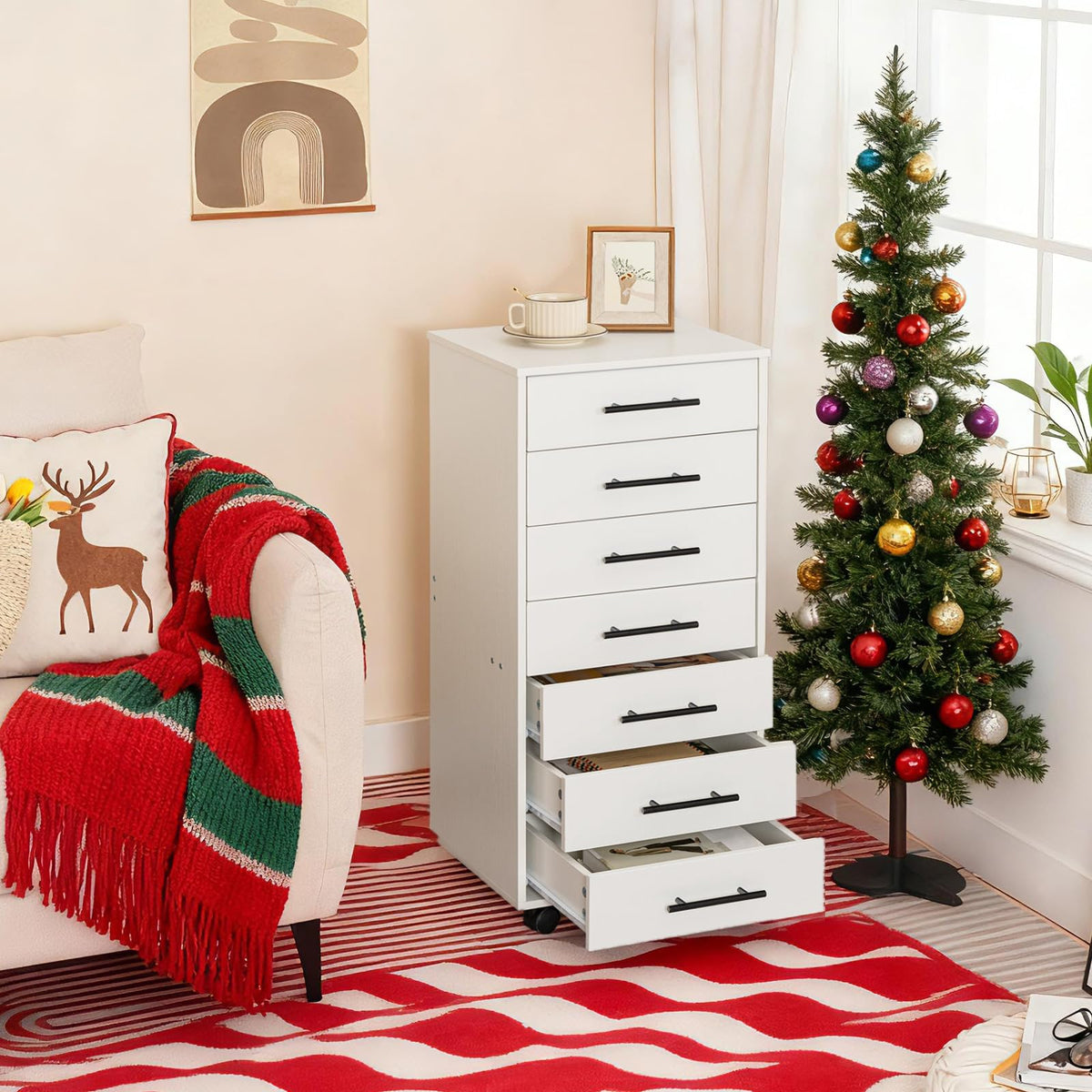 White 7 Drawer Wood File Cabinet Q8848