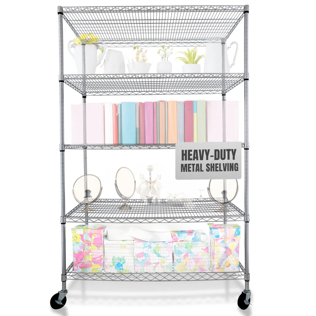 Heavy Duty 5-Tier Chrome Wire Shelving Rack with Casters W6178