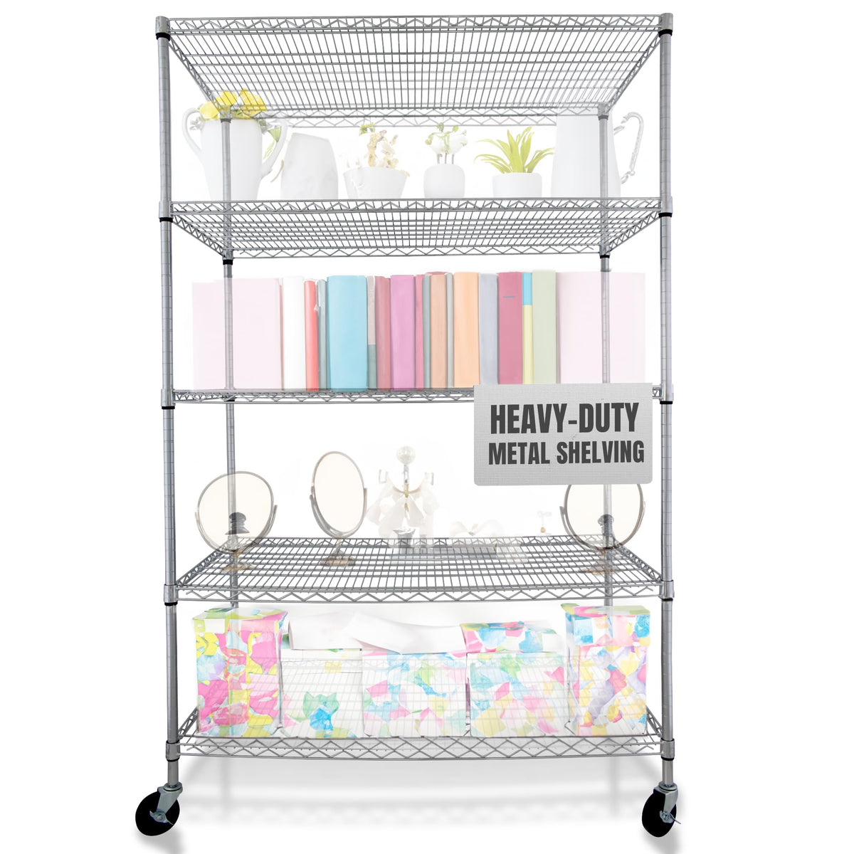 Heavy Duty 5-Tier Chrome Wire Shelving Rack with Casters W6178