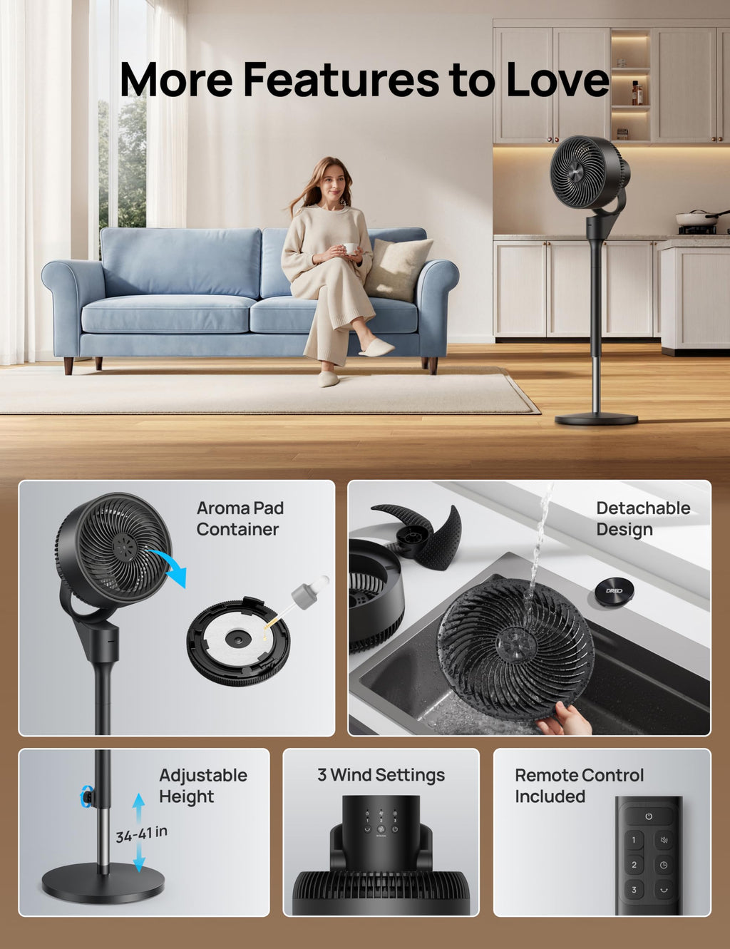 80° Oscillating Standing Fan, 20dB Quiet, 3 Speeds, Remote, Adjustable Height A64045