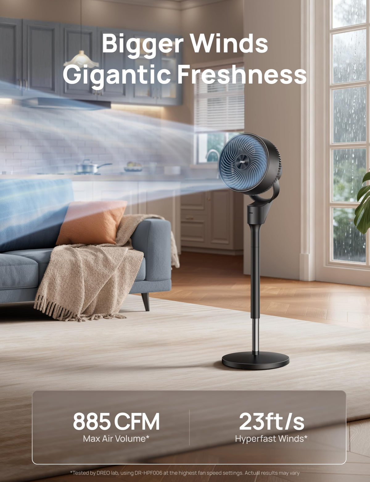 80° Oscillating Standing Fan, 20dB Quiet, 3 Speeds, Remote, Adjustable Height A64045