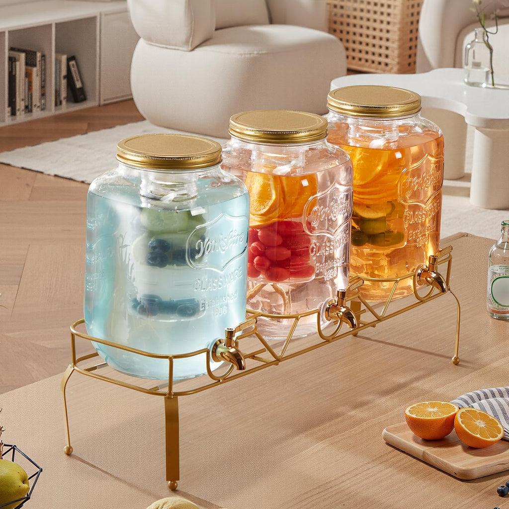 3 Pack 2 Gallon Glass Beverage Dispenser with Metal Stand Y375