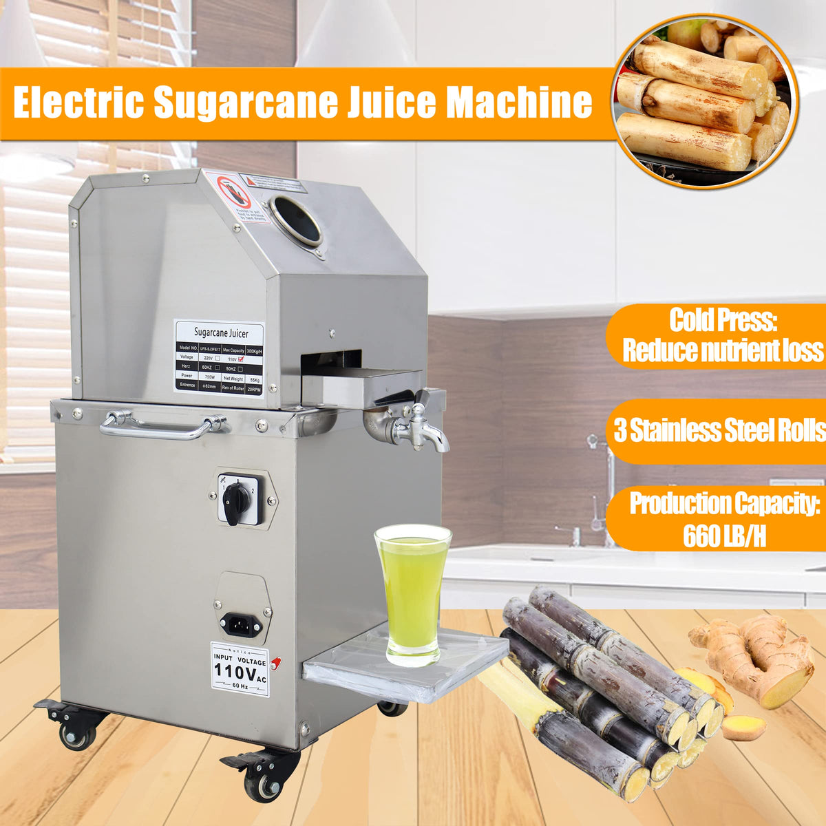 110V 750W Electric Sugar Cane Juicer with 3 Stainless Steel Rollers K22483