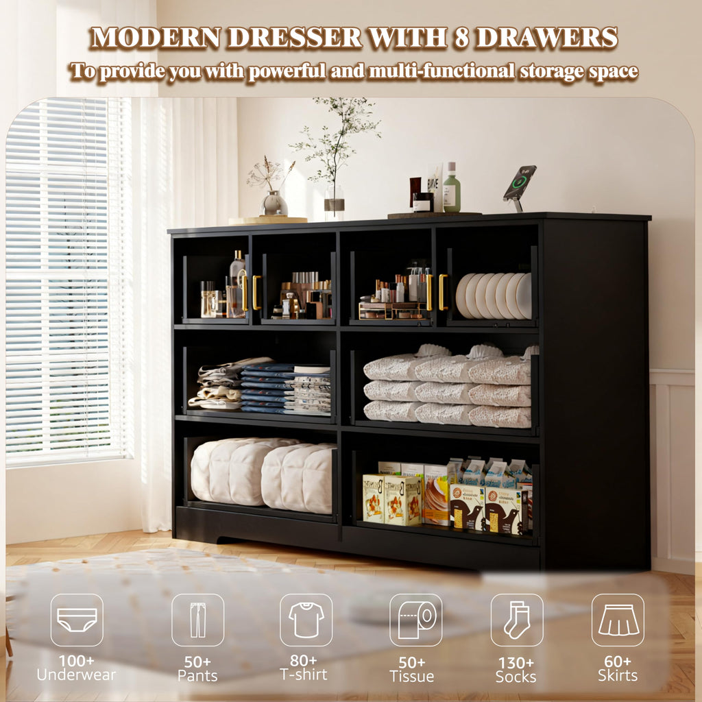 Black 8 Drawer Wood Dresser with Metal Handle X799