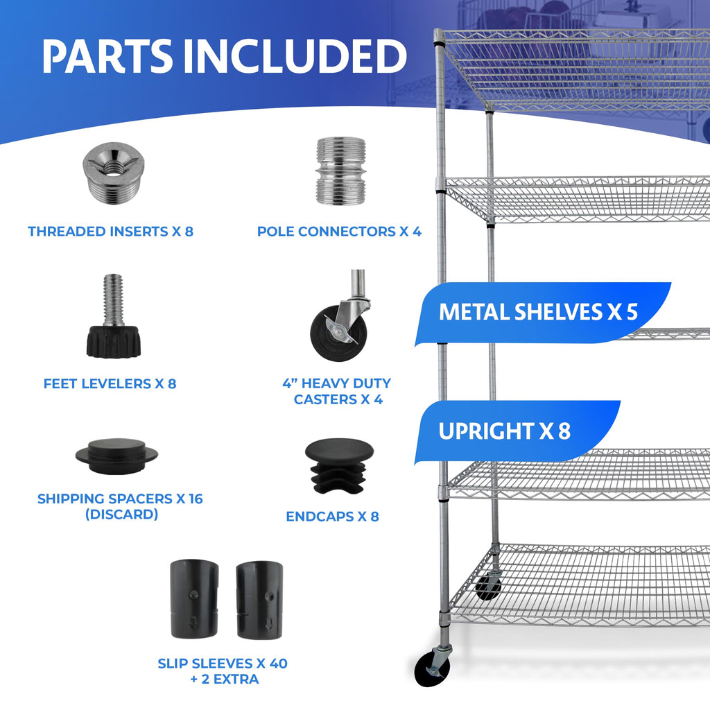 Heavy Duty 5-Tier Chrome Wire Shelving Rack with Casters W6178