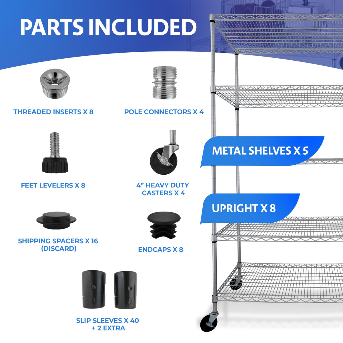 Heavy Duty 5-Tier Chrome Wire Shelving Rack with Casters W6178