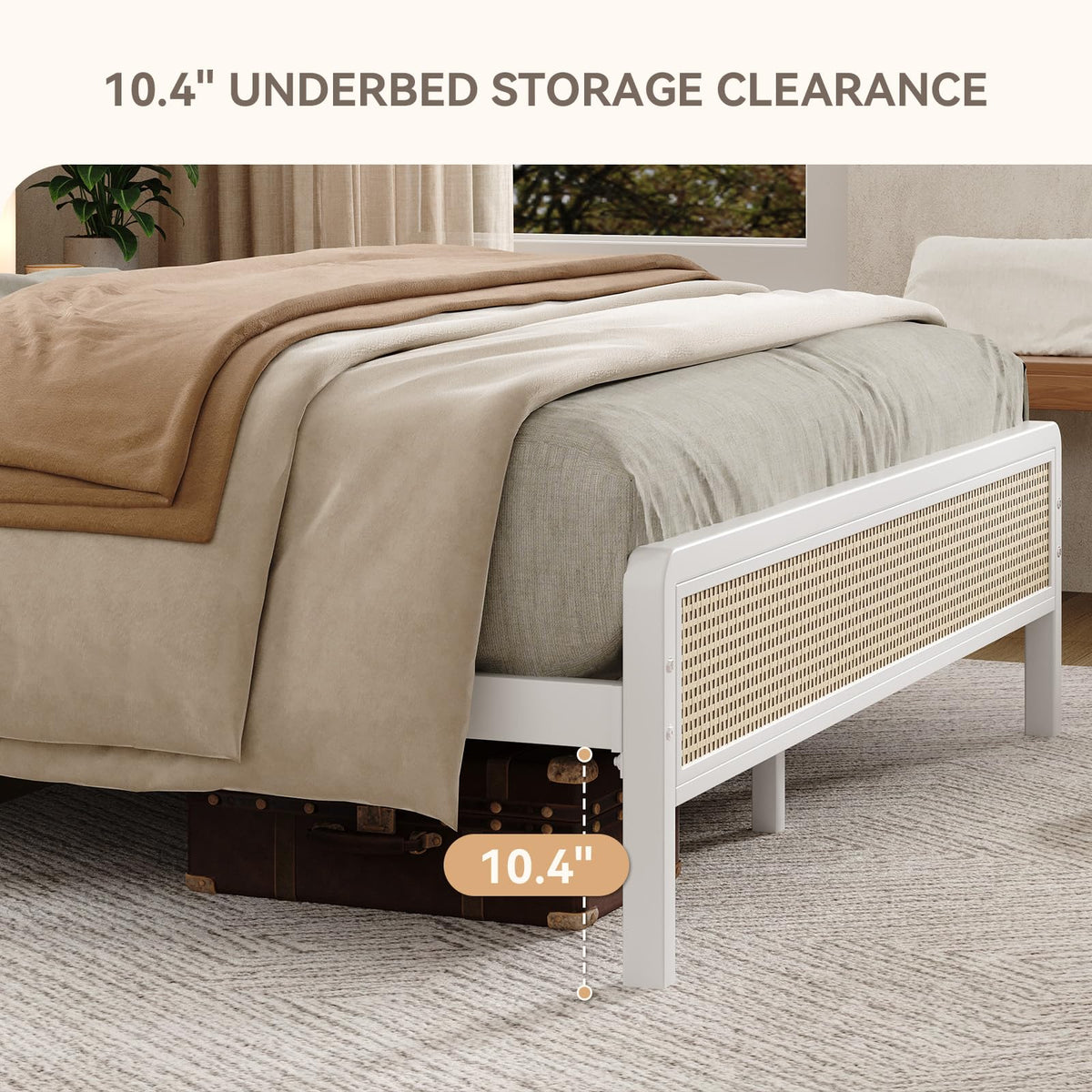 White Rattan Twin Bed Frame with Headboard H979827
