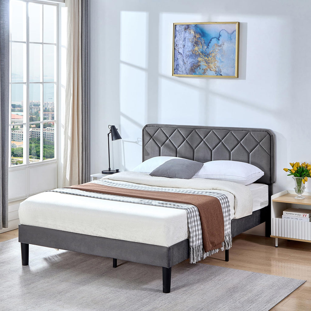 Queen Size Velvet Upholstered Platform Bed Frame A214044