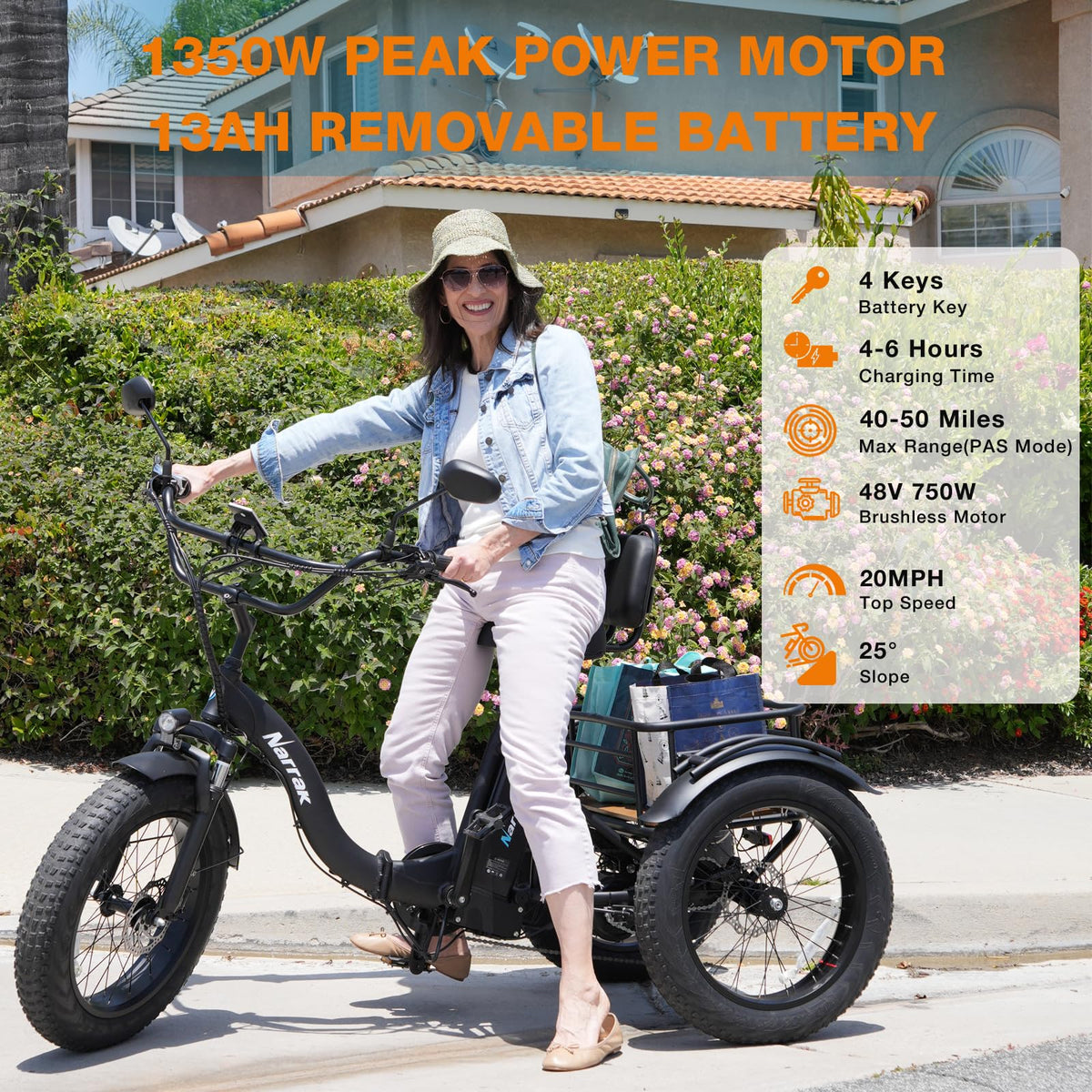 Electric Tricycle for Adults, 750W, 48V13Ah, 20"x4.0" Folding Fat Tire 3 Wheel Electric Trike E714829