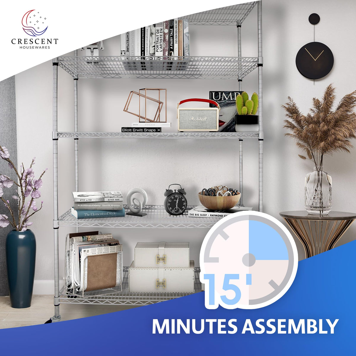 Heavy Duty 5-Tier Chrome Wire Shelving Rack with Casters W6178