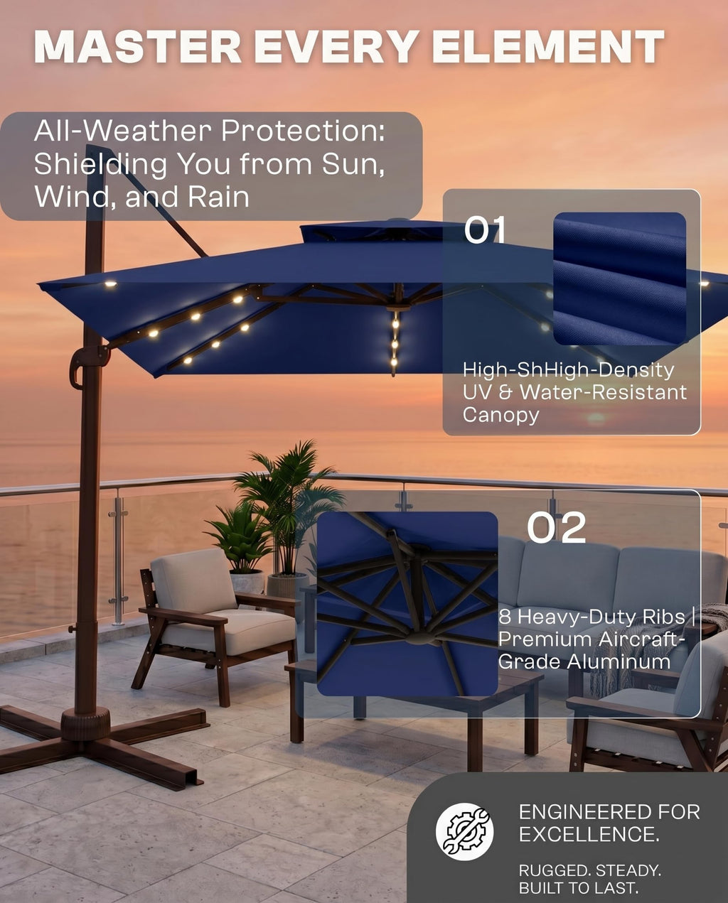11x11 FT Double-Top Cantilever Patio Umbrella with Lights Q34729