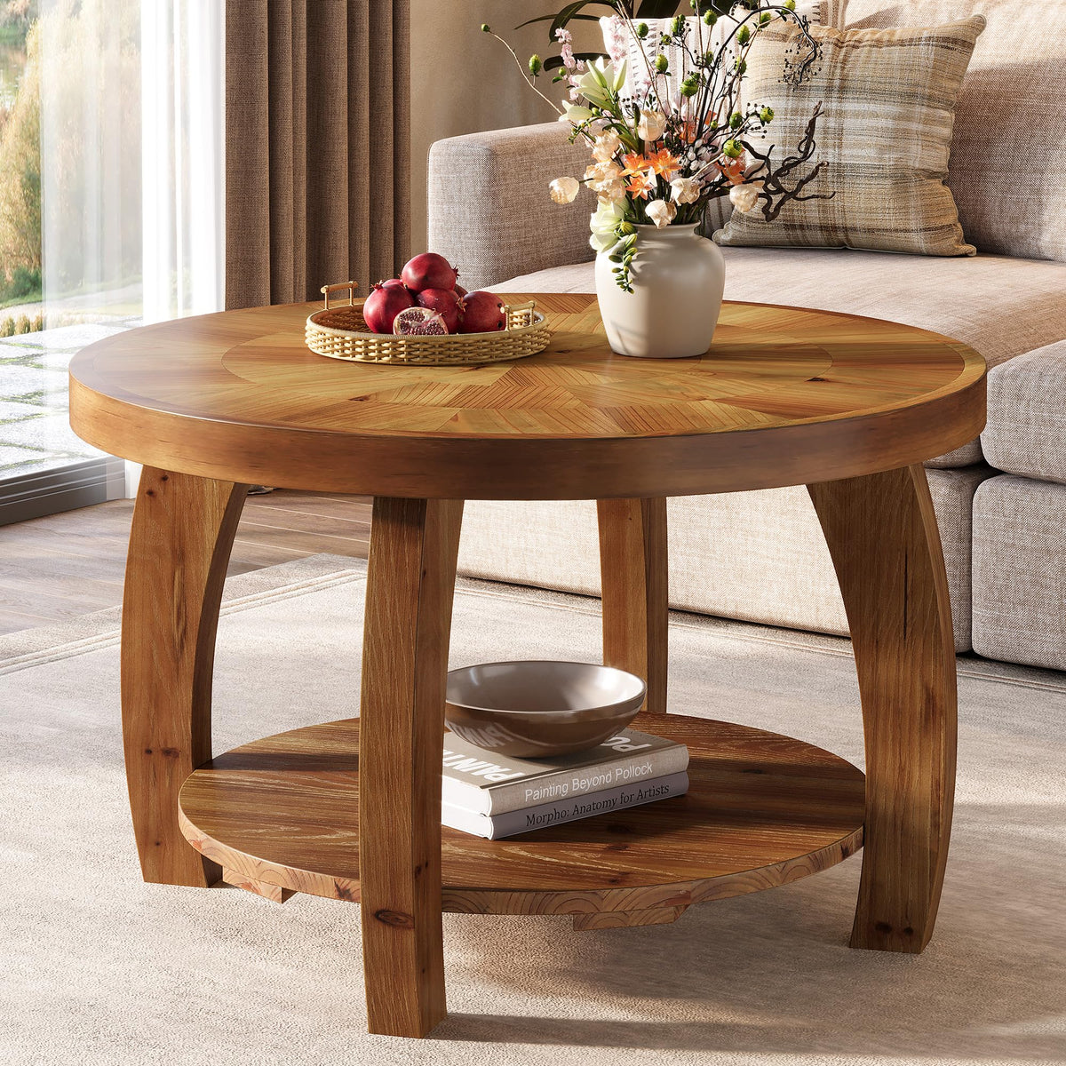 Solid Wood Round 2-Tier Coffee Table with Storage L151
