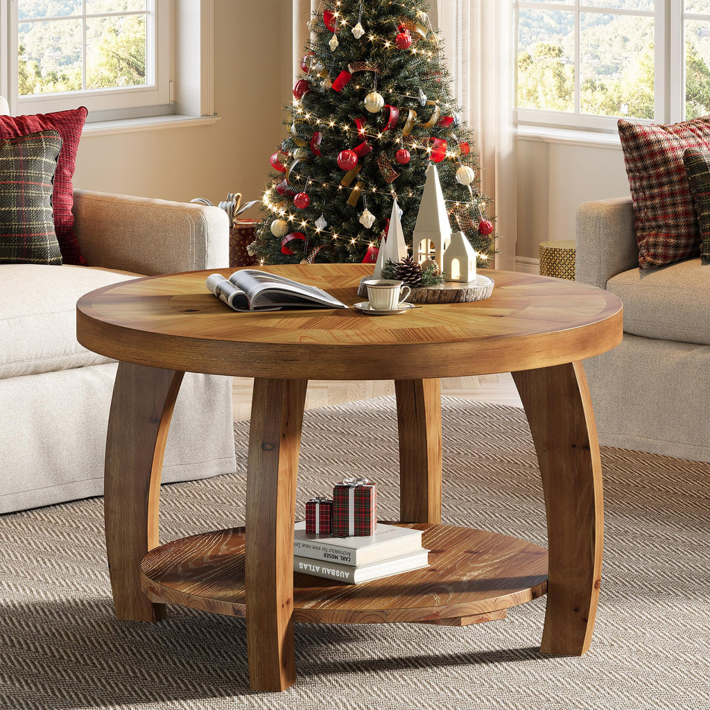 Solid Wood Round 2-Tier Coffee Table with Storage L151
