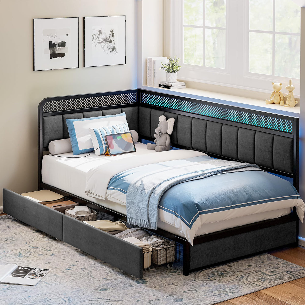 Twin Corner Bed Frame with Upholstered Guardrail K794345