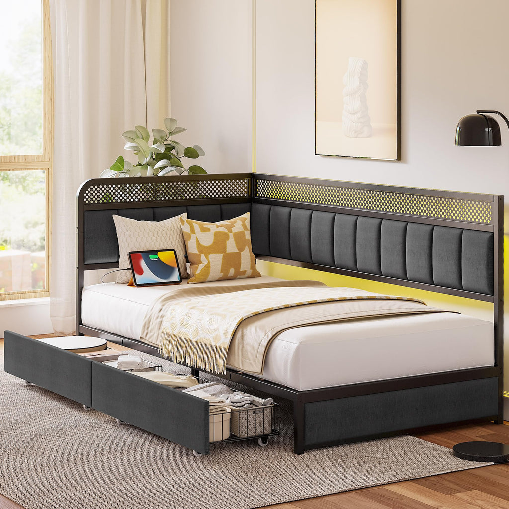 Twin Corner Bed Frame with Upholstered Guardrail K794345