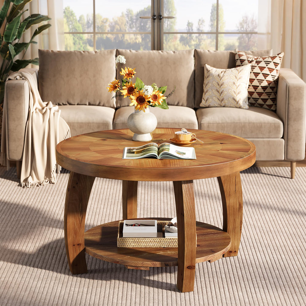 Solid Wood Round 2-Tier Coffee Table with Storage L151