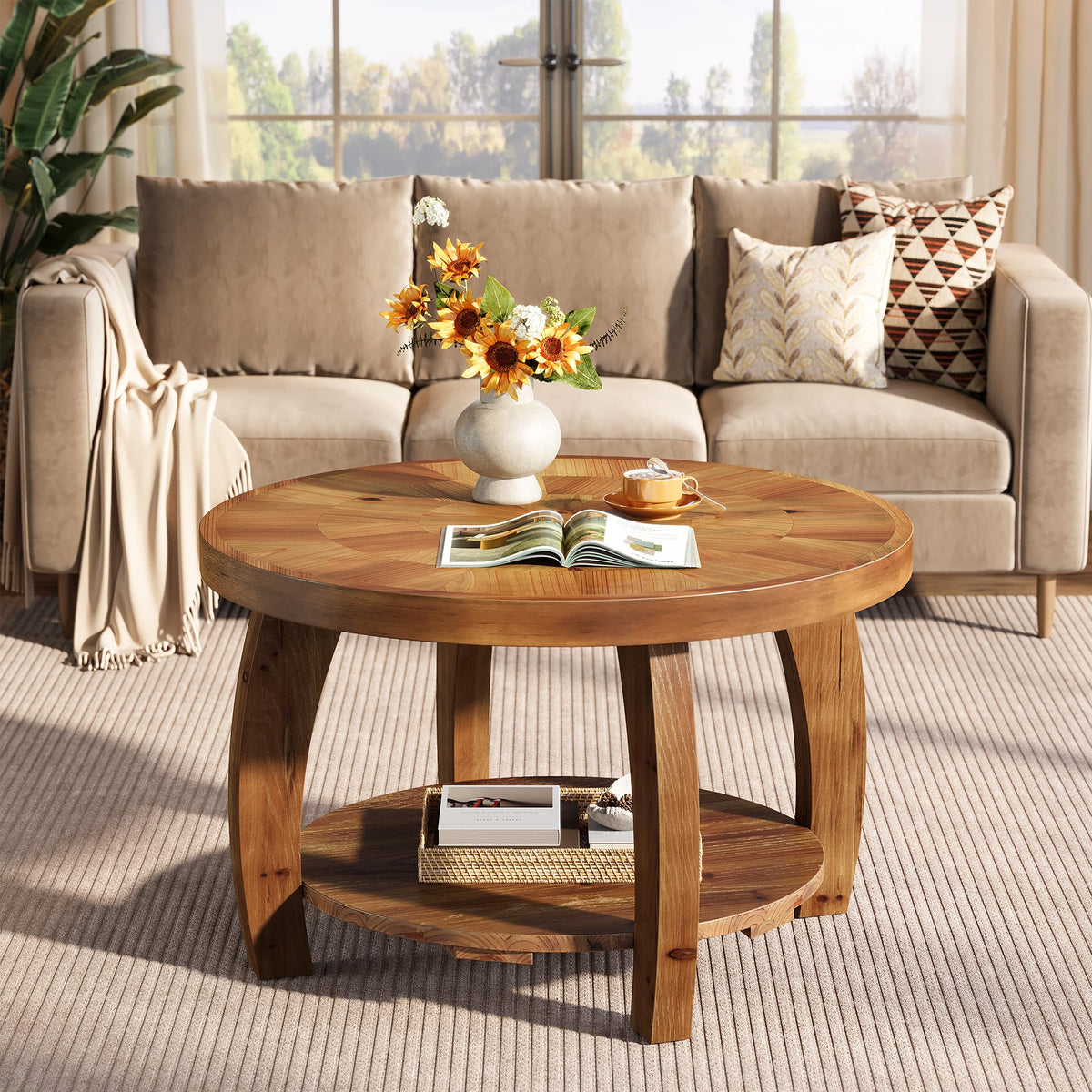 Solid Wood Round 2-Tier Coffee Table with Storage L151