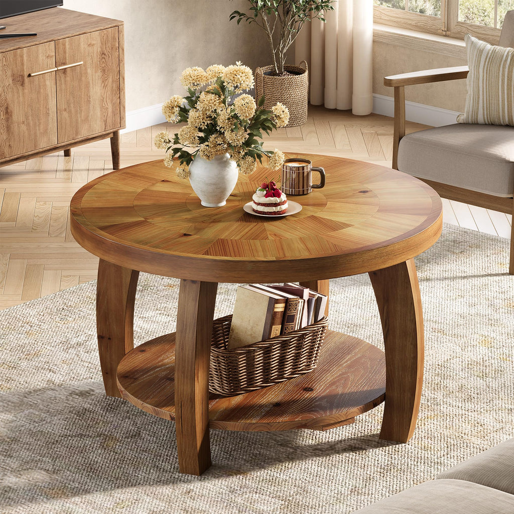 Solid Wood Round 2-Tier Coffee Table with Storage L151