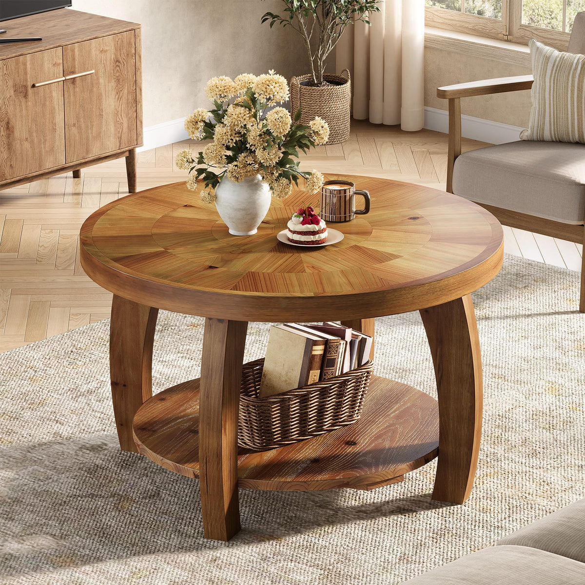 Solid Wood Round 2-Tier Coffee Table with Storage L151