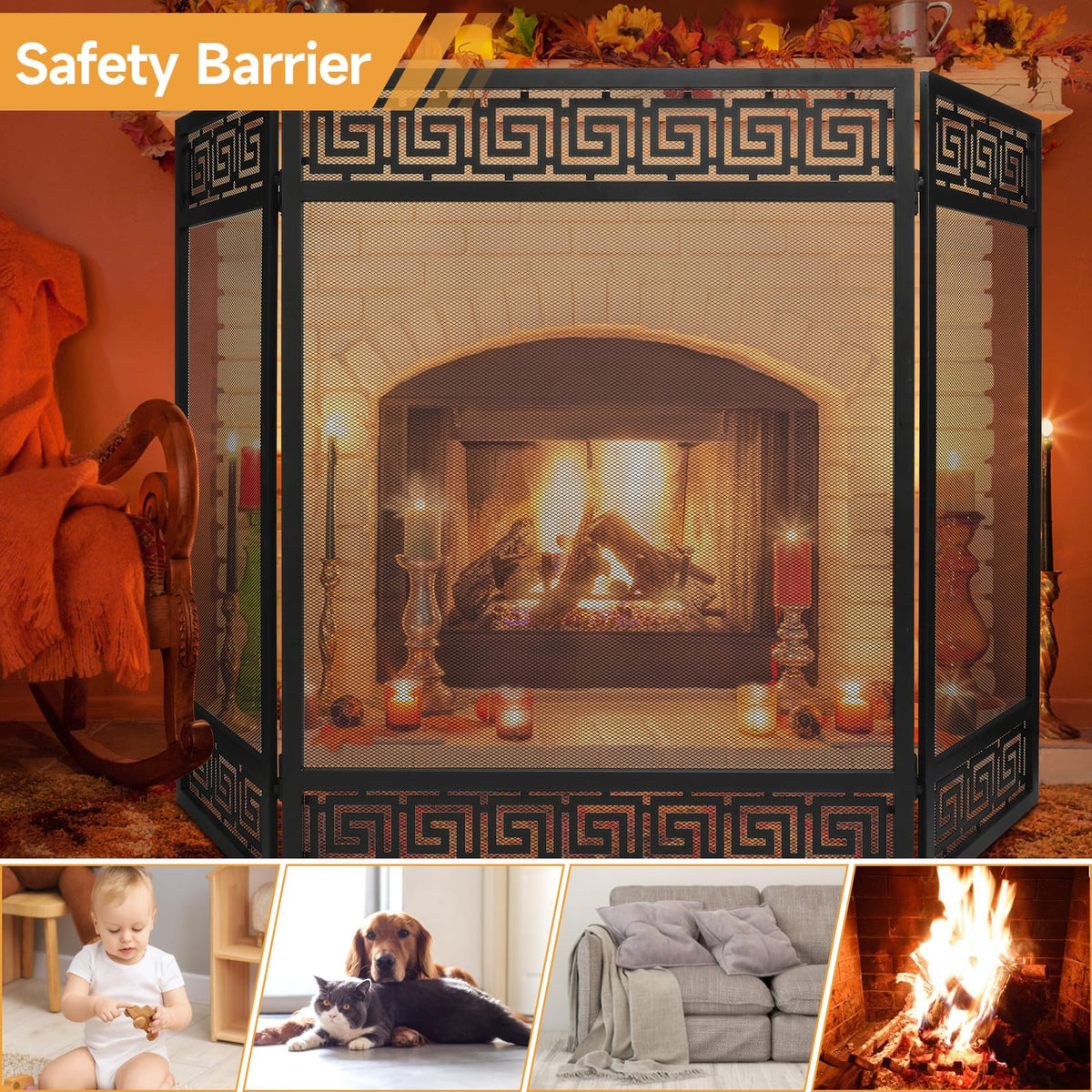 50"x32" 3 Panel Steel Fireplace Screen B5960