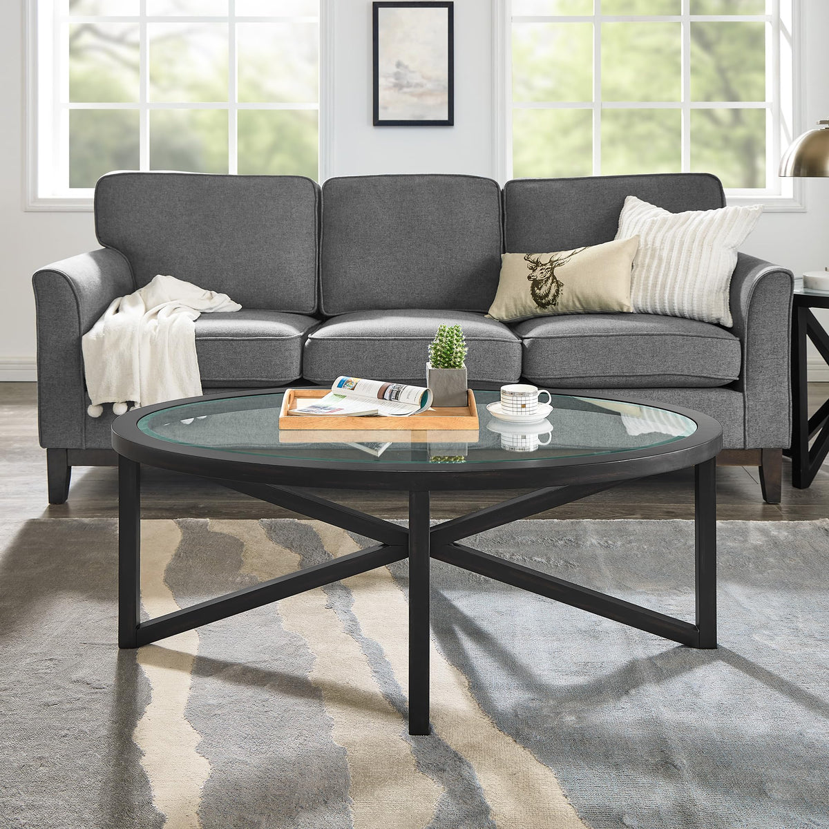 46" Oval Glass Coffee Table with Tempered Glass Top and Wood Base J796