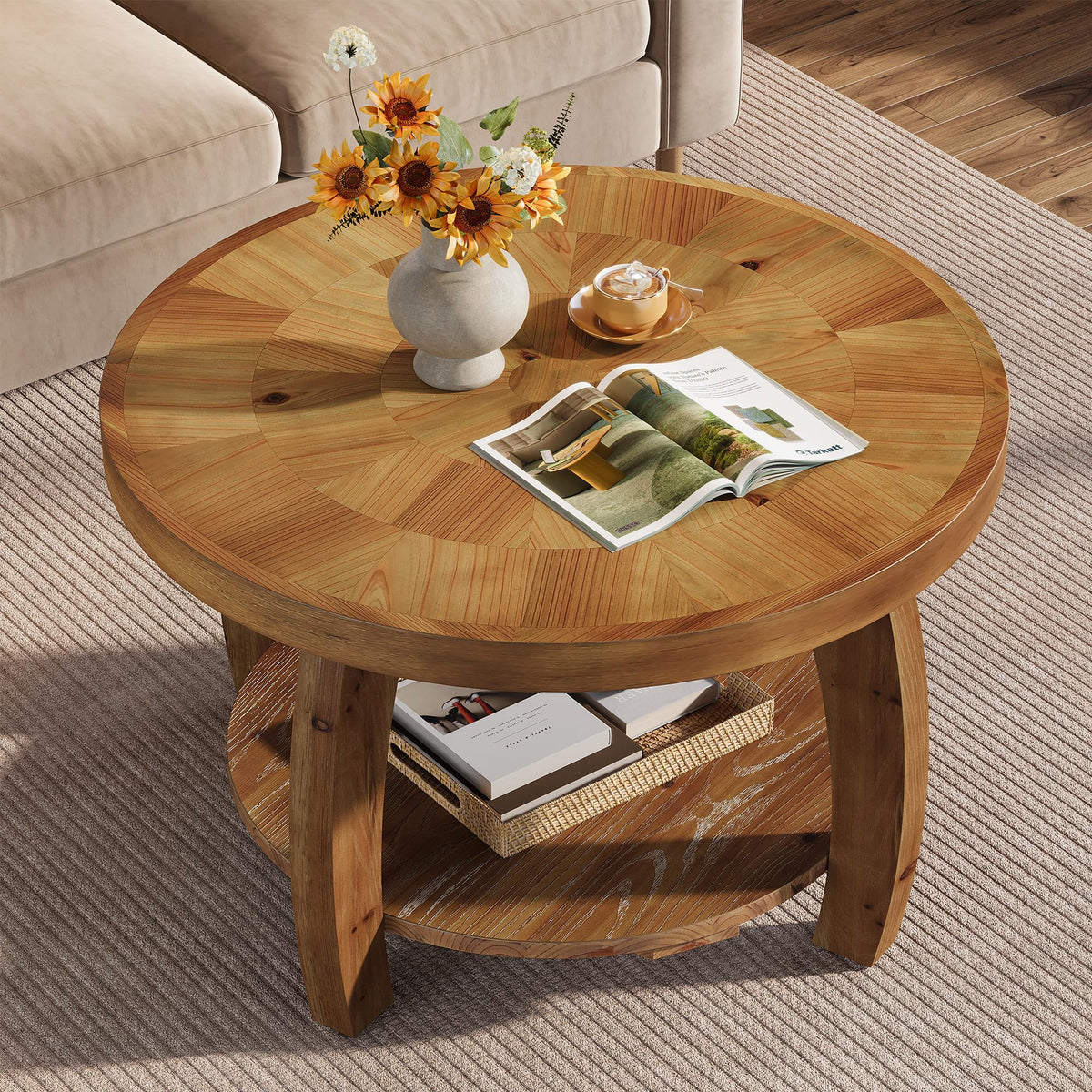 Solid Wood Round 2-Tier Coffee Table with Storage L151